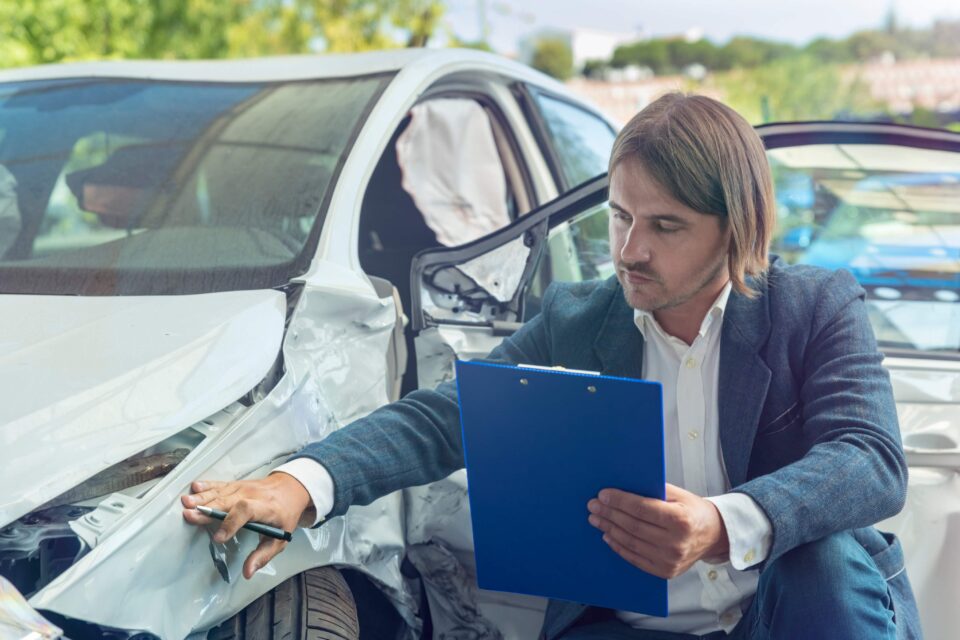 A man is checking a damaged car for an auto insurance procedure in the Phoenix area